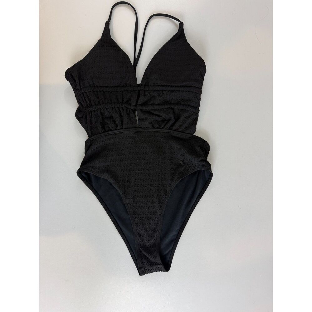 Womens Black Textured Cutout One Piece Swimsuit Size M Lace Up Back
